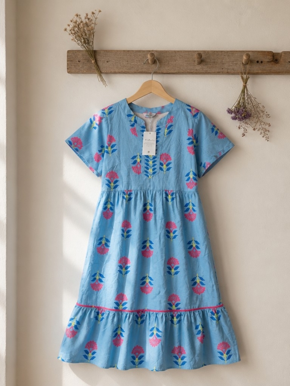 Blue Floral Sundress with Pink Bloom Print
